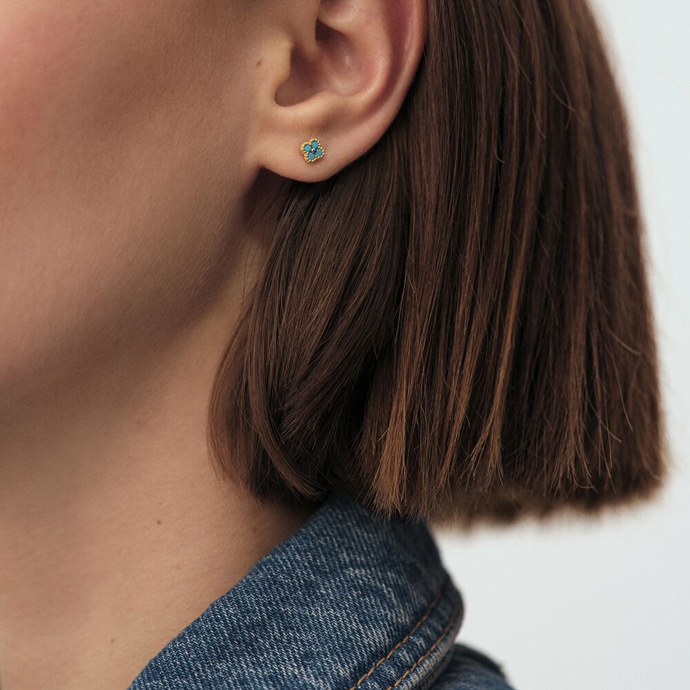 Boucles D'oreilles Puces 8mm Turquoise Et Argent Massif Rhodié 925/1000 - Neuf Avec étiquettes - Marque Bijouxia